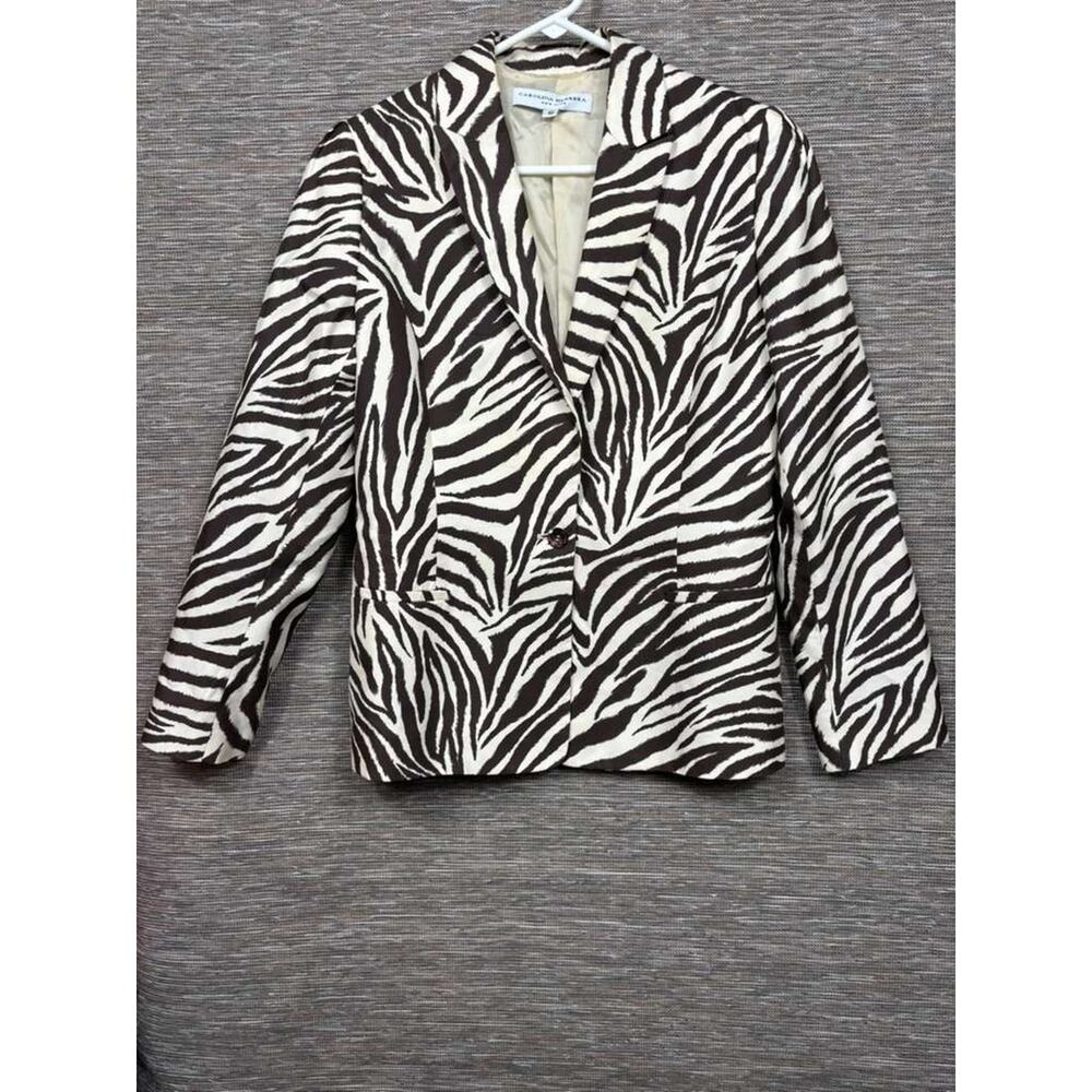 Carolina Herrera Blazer Womens 10 Brown Zebra Animal Print Lined Made Italy